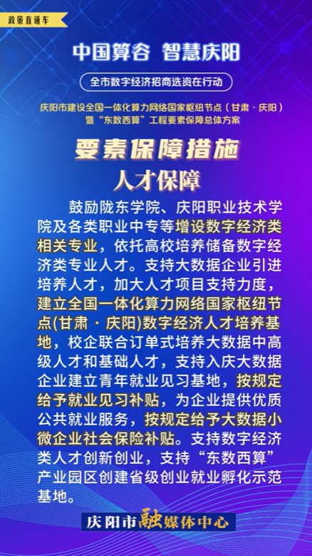 【V視】慶陽市建設全國一體化算力網(wǎng)絡國家樞紐節(jié)點（甘肅 ·慶陽）暨“東數(shù)西算”工程要素保障總體方案︱要素保障措施——人才保障（四）